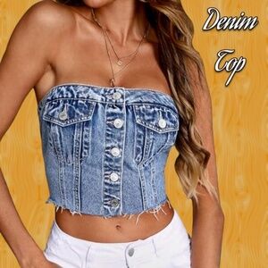 Strapless Light Blue Denim Crop Top